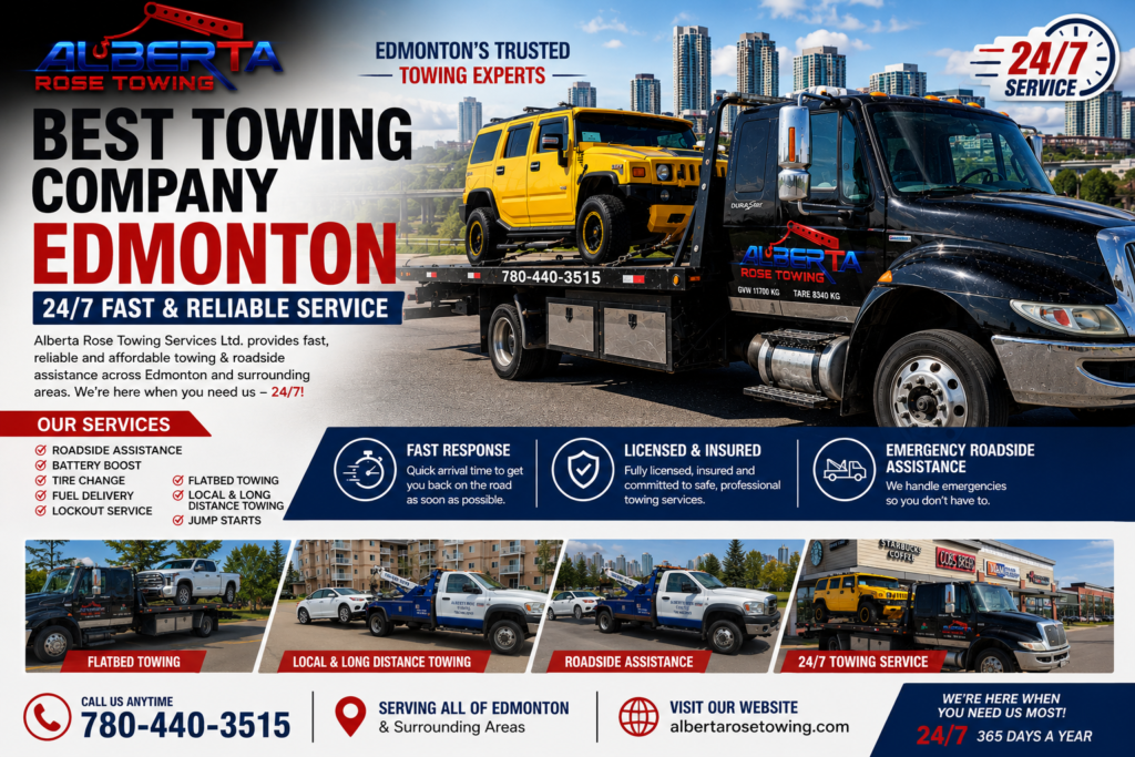 Best Towing Company Edmonton providing 24/7 fast and reliable towing services with an Alberta Rose Towing flatbed tow truck assisting a stranded vehicle.