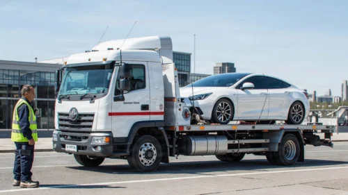 Professional flatbed tow truck transporting a Tesla electric vehicle in Edmonton, Alberta.